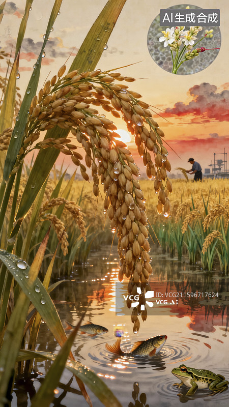 【AI数字艺术】新中式插画丰收的水稻图片素材