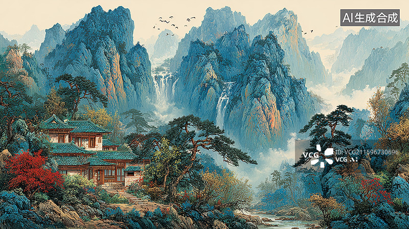 【AI数字艺术】山水画卷中的古建筑图片素材