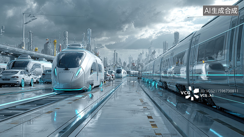 【AI数字艺术】未来城市中的高速磁悬浮列车图片素材