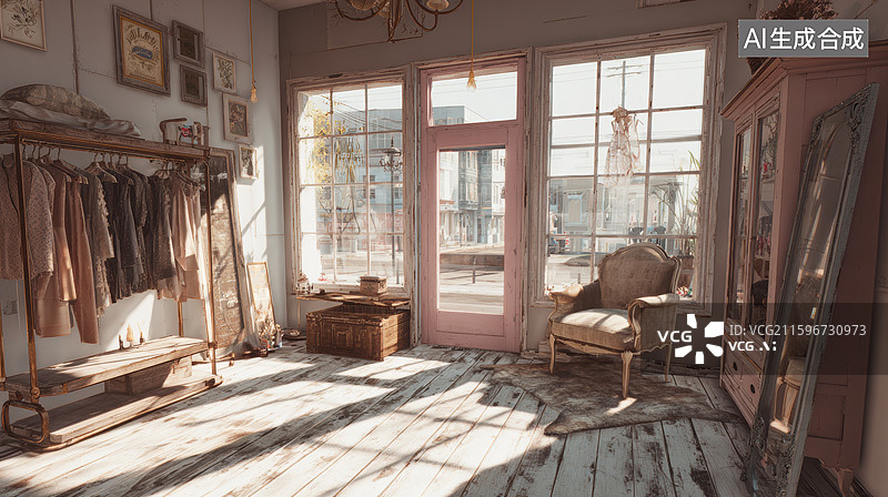 【AI数字艺术】阳光洒落的复古衣帽间图片素材