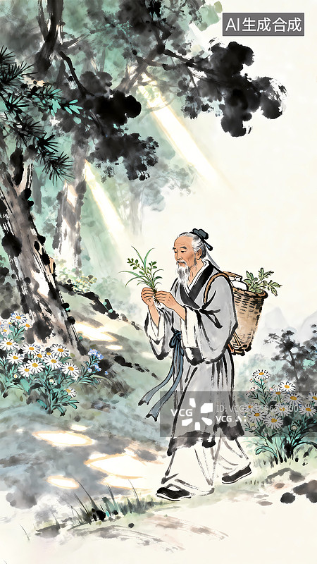 【AI数字艺术】老中医采药李时珍本草纲目中国画图片素材