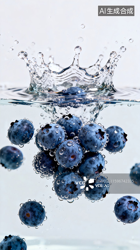 【AI数字艺术】蓝莓入水溅起水花瞬间图片素材