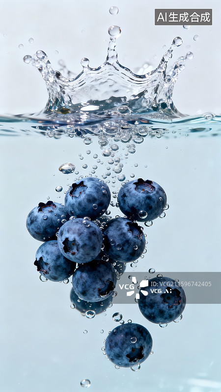 【AI数字艺术】蓝莓入水溅起水花瞬间图片素材