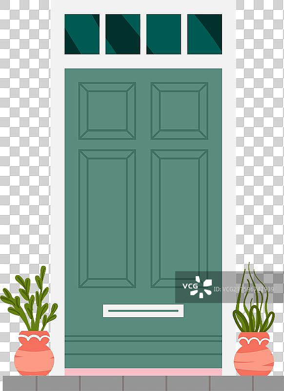 带盆栽植物的绿色封闭前门图片素材