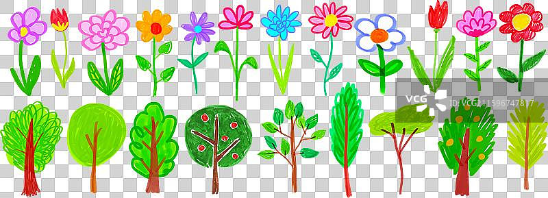 儿童画的花朵和树木图片素材