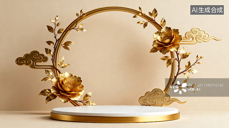 【AI数字艺术】金色圆环装饰的展示台图片素材