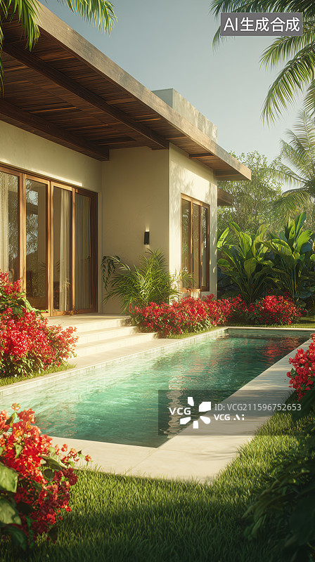 【AI数字艺术】热带庭院泳池住宅图片素材