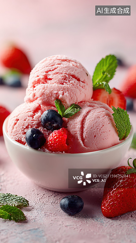 【AI数字艺术】草莓冰淇淋配浆果与薄荷图片素材