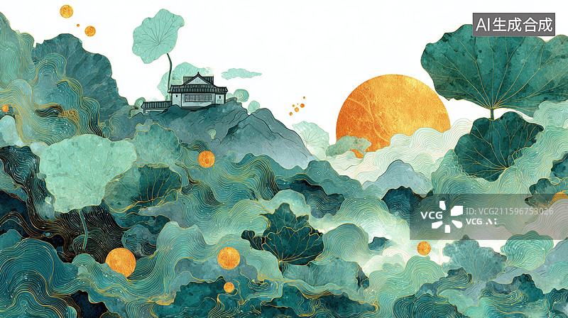 【AI数字艺术】山水云雾中的古亭日出图片素材
