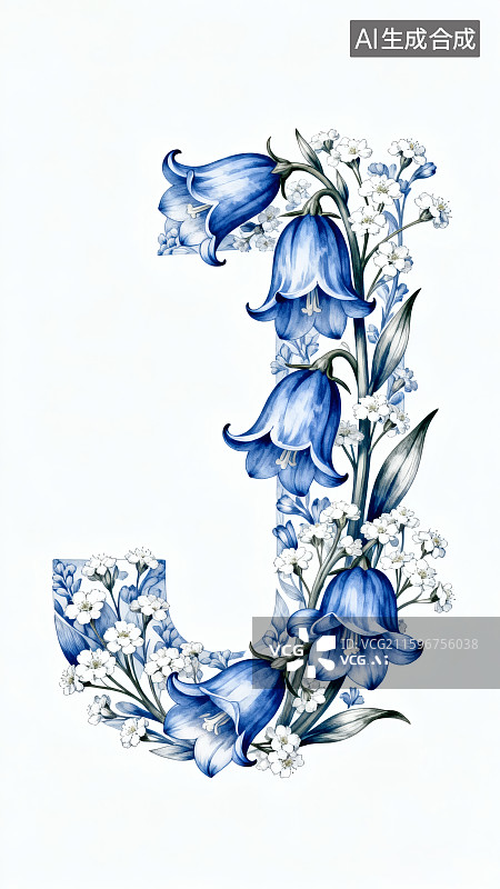 【AI数字艺术】白色背景，蓝色铃花和满天星组成的字母“J”图片素材