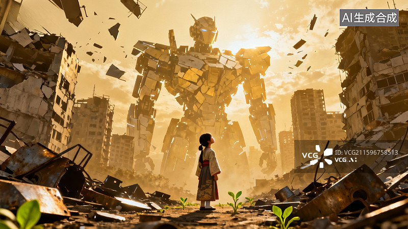 【AI数字艺术】末日废墟中的孤独身影图片素材