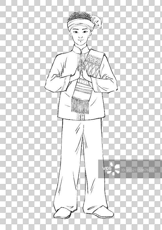 56民族，云南少数民族傣族，线稿。图片素材