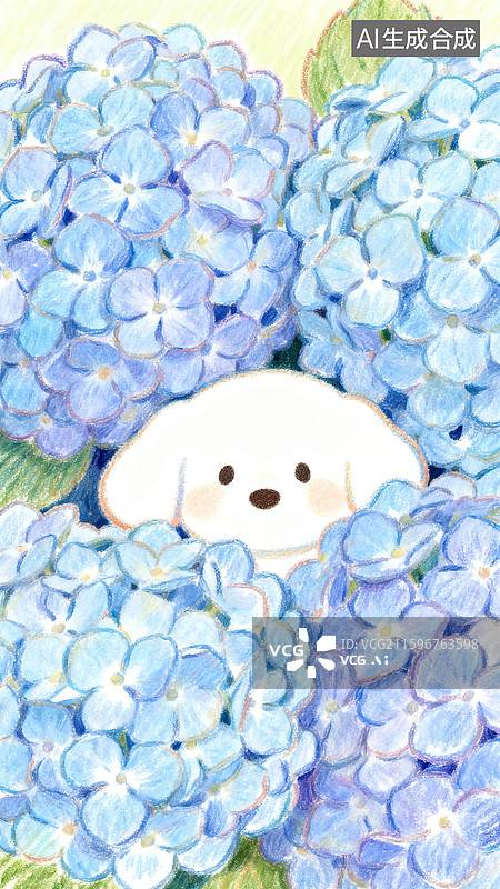 【AI数字艺术】绣球花海中的白色小狗彩色铅笔手绘插画图片素材