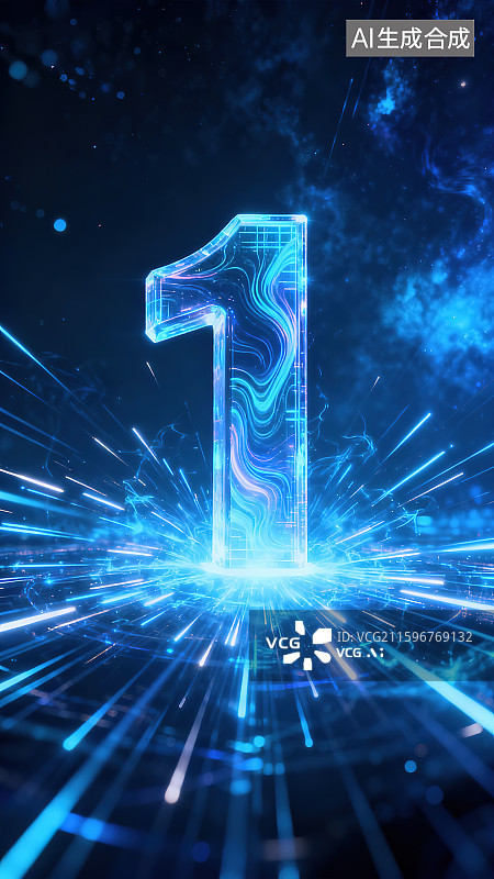 【AI数字艺术】阿拉伯数字1倒计时全息光影未来科技感发光粒子光线3D三维立体字体创意艺术字梦幻蓝色视觉冲击力星云背景图片素材