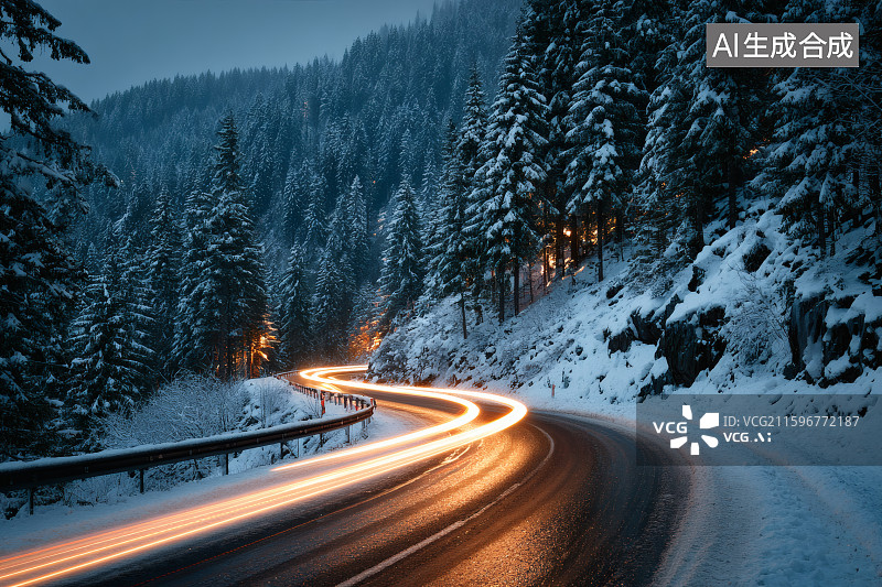 【AI数字艺术】大雪过后，被积雪覆盖的松树林，公路上的车轨图片素材