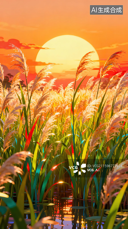 【AI数字艺术】夕阳下芦苇荡手绘插画图片素材