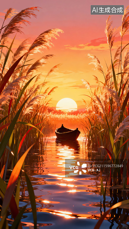 【AI数字艺术】夕阳下芦苇荡里的小舟手绘插画图片素材