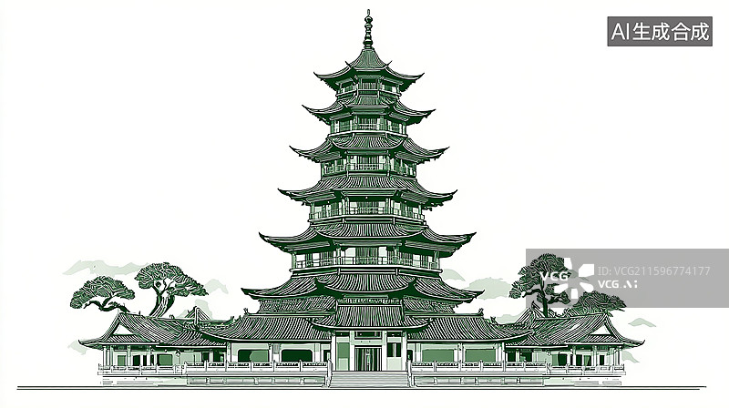 【AI数字艺术】中国风古建楼阁插画图片素材