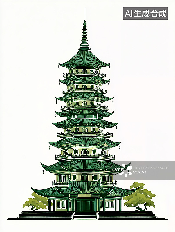 【AI数字艺术】中国风古建楼阁插画图片素材