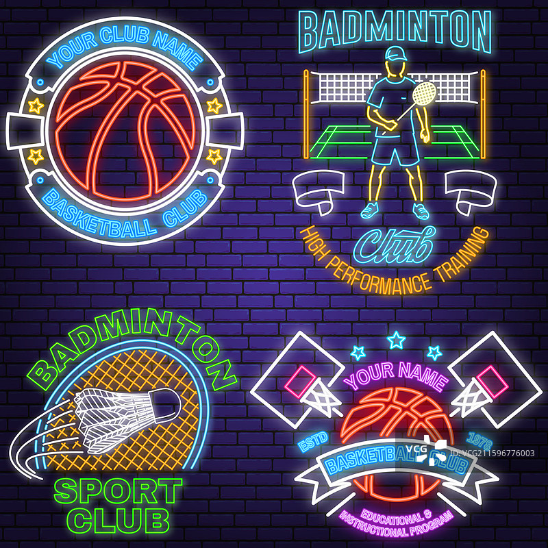 羽毛球运动霓虹标志集图片素材