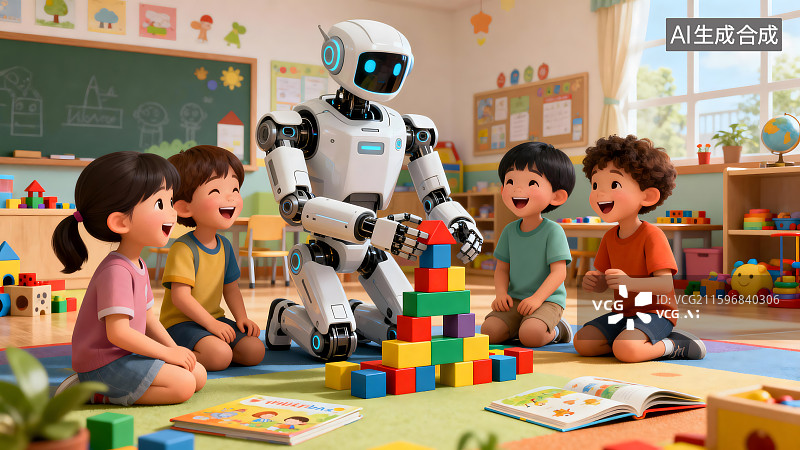 【AI数字艺术】机器人与儿童在教室互动图片素材