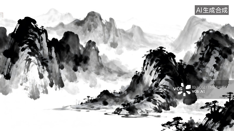 【AI数字艺术】水墨绘壮丽山峦景色图片素材