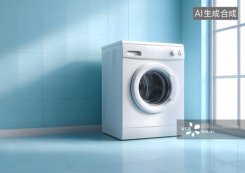 【AI数字艺术】蓝色洗衣间内放着一台洗衣图片素材