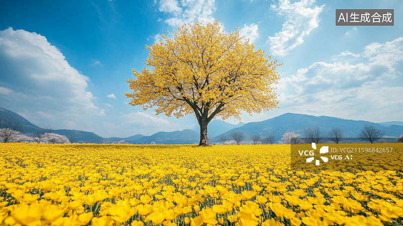 【AI数字艺术】金黄花海中的孤独树图片素材