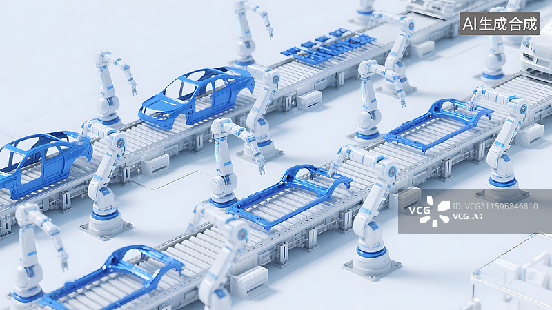【AI数字艺术】全自动机械臂汽车工业产线卡通模型图片素材