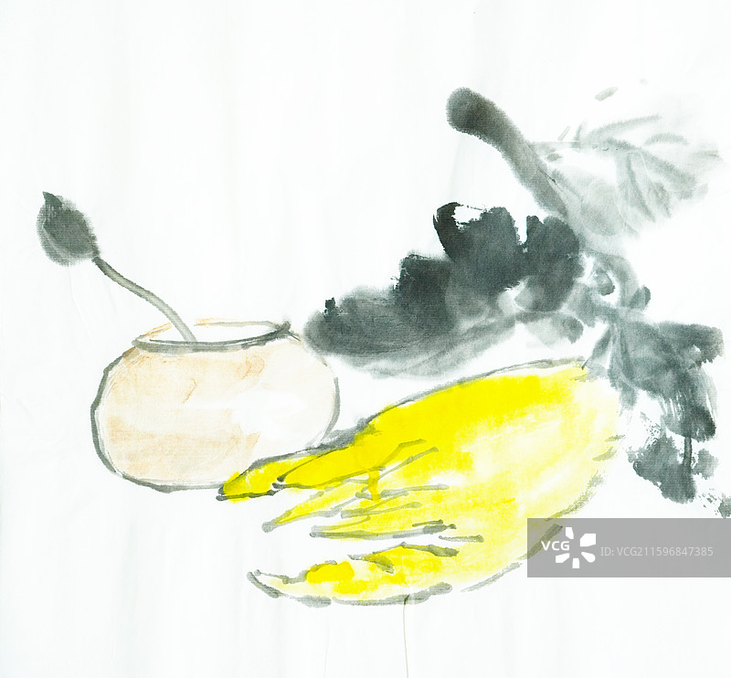 禅意高雅手绘国画水墨植物 佛手图片素材