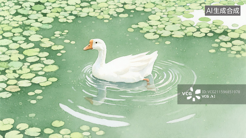 【AI数字艺术】湖泊里游泳的白鹅插画图片素材