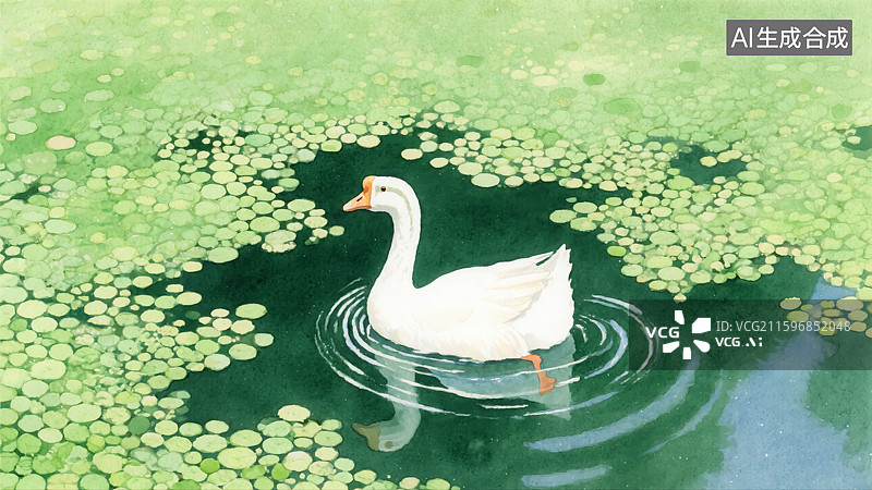 【AI数字艺术】湖泊里游泳的白鹅插画图片素材