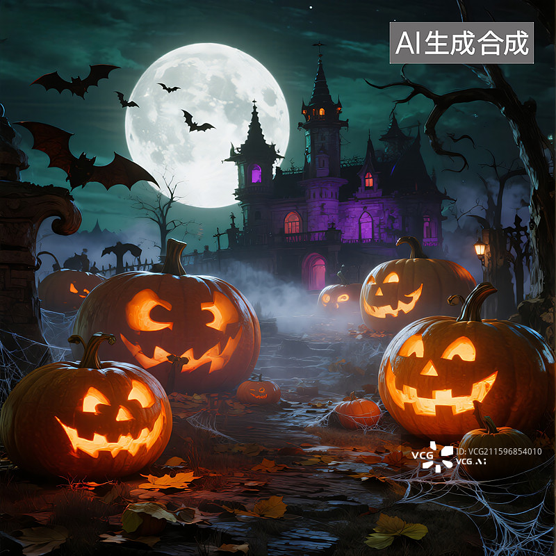 【AI数字艺术】奇幻万圣夜：南瓜灯与古堡图片素材