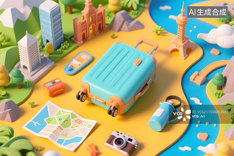 【AI数字艺术】3d行李箱与旅行主题图片素材