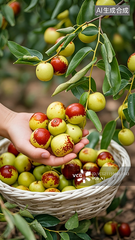 【AI数字艺术】挂满冬枣的树枝，冬枣表皮红黄相间带红色斑块，手捧着几颗冬枣，旁边有一个装满冬枣的白色编织篮图片素材
