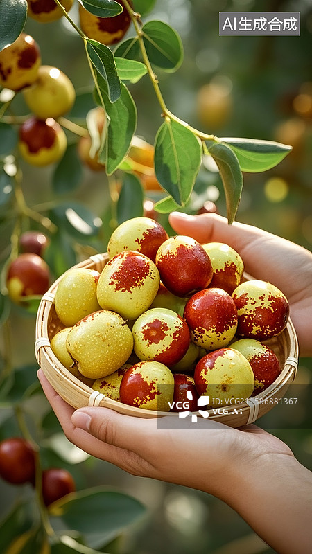 【AI数字艺术】挂满冬枣的树枝，冬枣表皮红黄相间带红色斑块，手捧着几颗冬枣，旁边有一个装满冬枣的白色编织篮图片素材