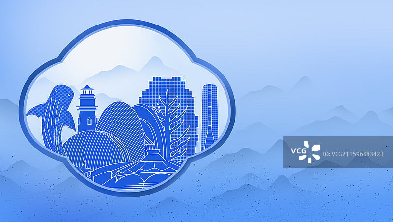 珠海蓝色青花瓷古典山水画淡雅山峰窗户景观城市图片素材