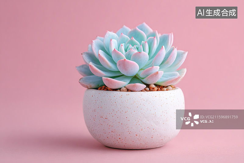 【AI数字艺术】粉色背景，一盆多肉植物图片素材