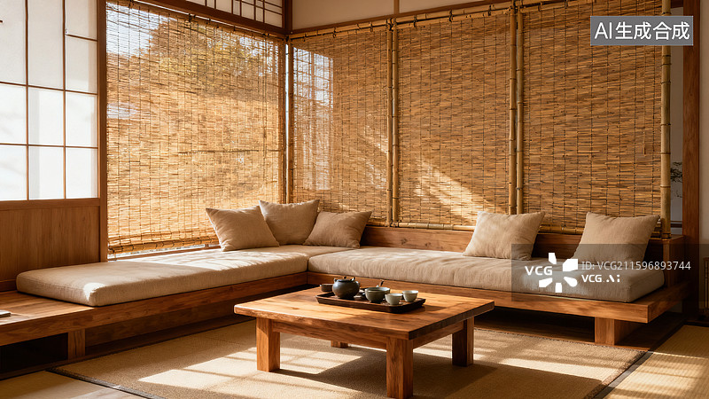【AI数字艺术】自然闲适的日式木质房间图片素材