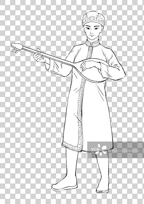 56民族，哈萨克族，冬不拉，线稿。图片素材