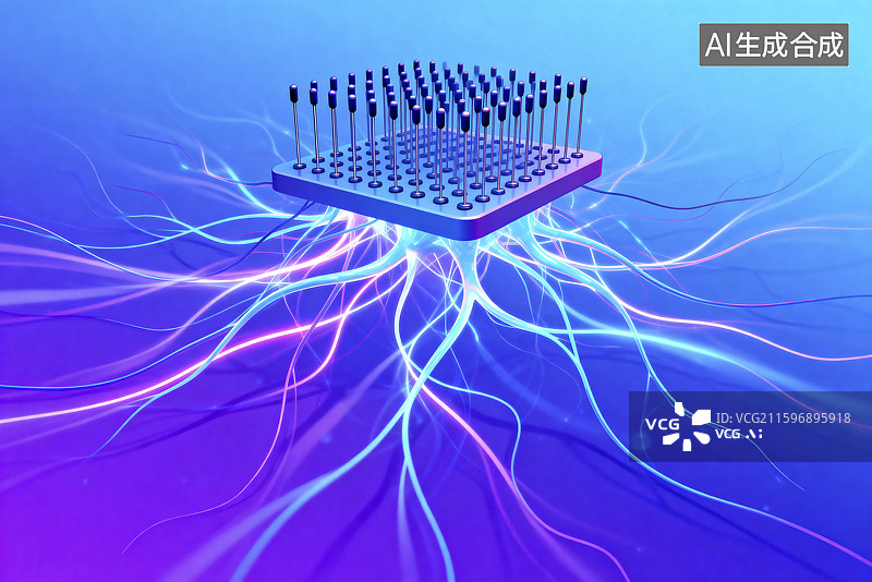 【AI数字艺术】具有发光神经连接的高科技芯片图片素材