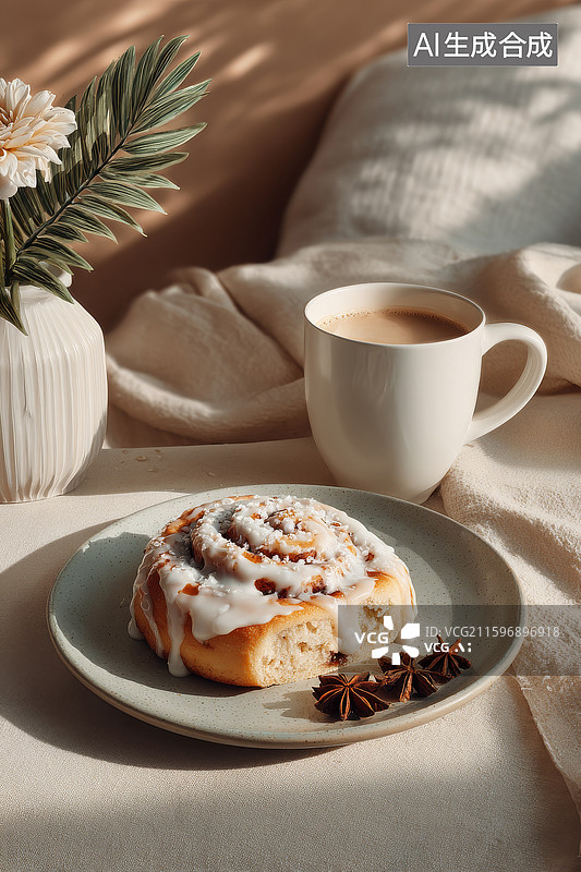 【AI数字艺术】温馨室内的肉桂卷与咖啡图片素材