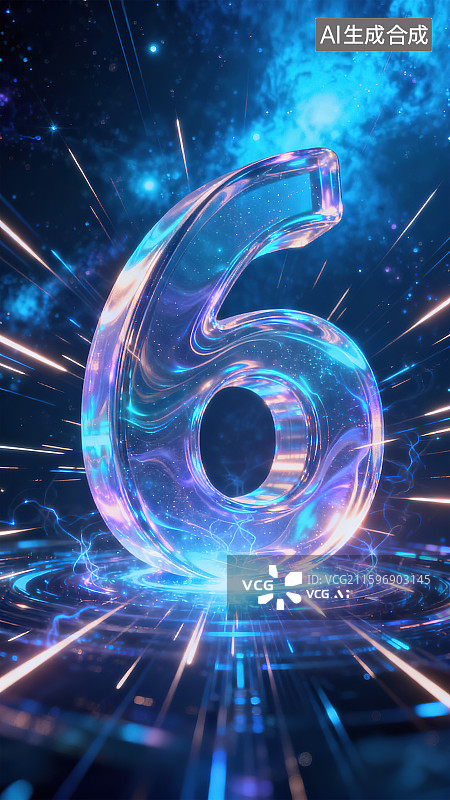 【AI数字艺术】数字6倒计时全息光影未来科技感发光粒子光线3D三维立体字艺术字梦幻蓝紫色冲击力半透明玻璃钻石水晶质感图片素材