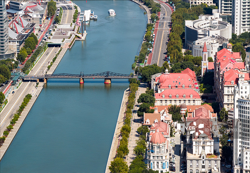 中国天津海河金汤桥两岸城市风光航拍图图片素材