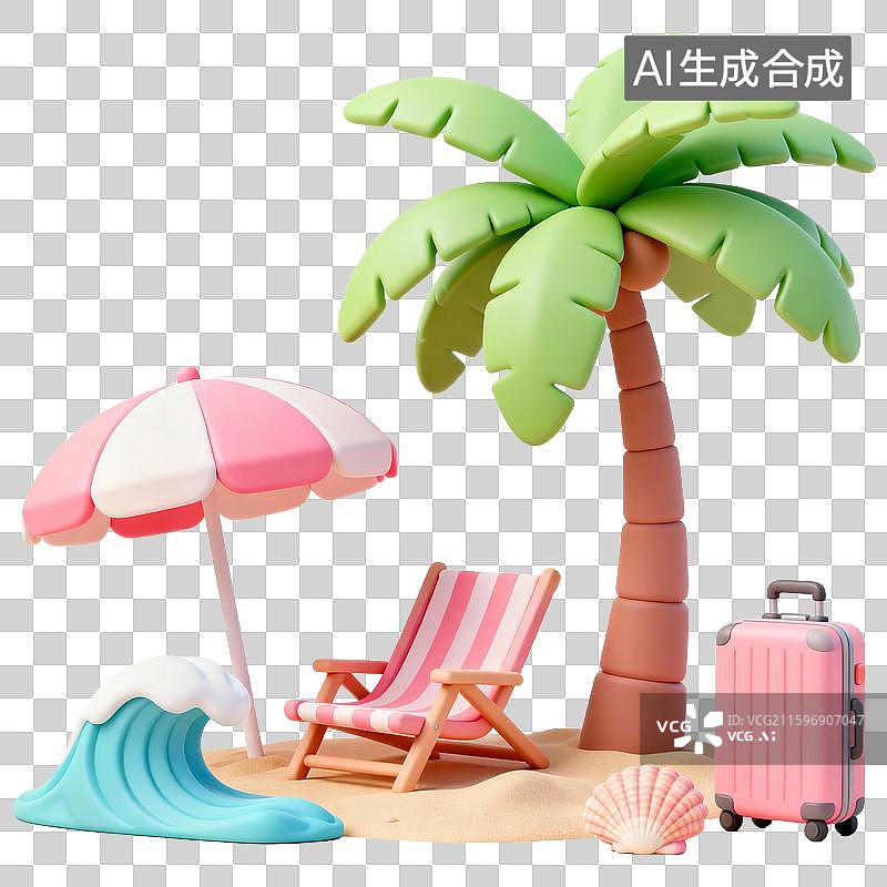 【AI数字艺术】33D可爱卡通热带风光海洋沙滩太阳伞贝壳椰树太阳伞沙滩椅素材图片素材