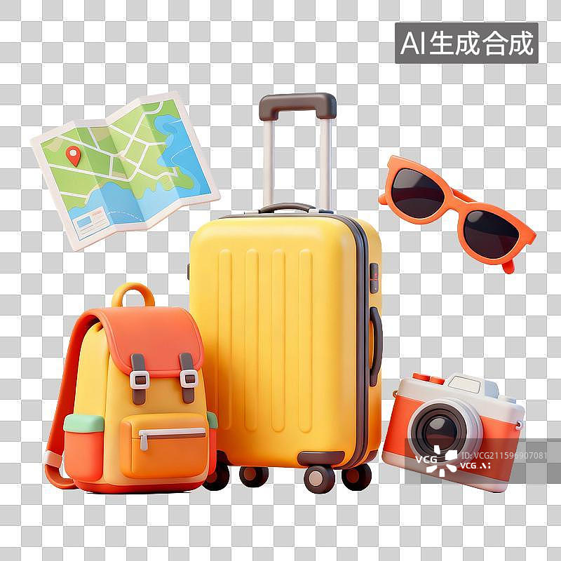 【AI数字艺术】行李箱背包太阳镜地图相机草帽等出行旅游用品图片素材