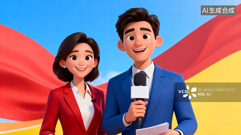 【AI数字艺术】中国记者节——记者现场采访报道3D卡通插画图片素材
