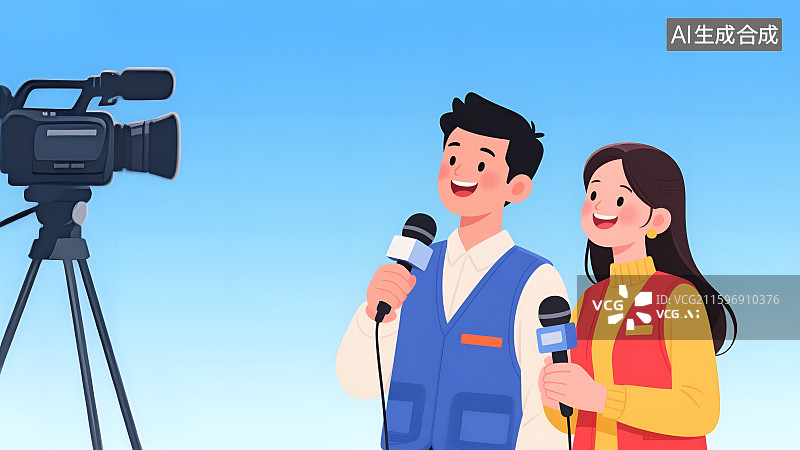 【AI数字艺术】中国记者节——记者现场采访报道3D卡通插画图片素材