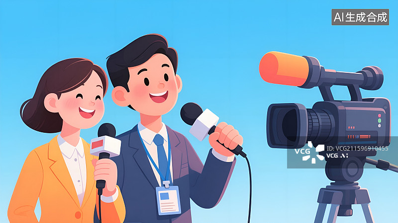 【AI数字艺术】中国记者节——记者现场采访报道3D卡通插画图片素材