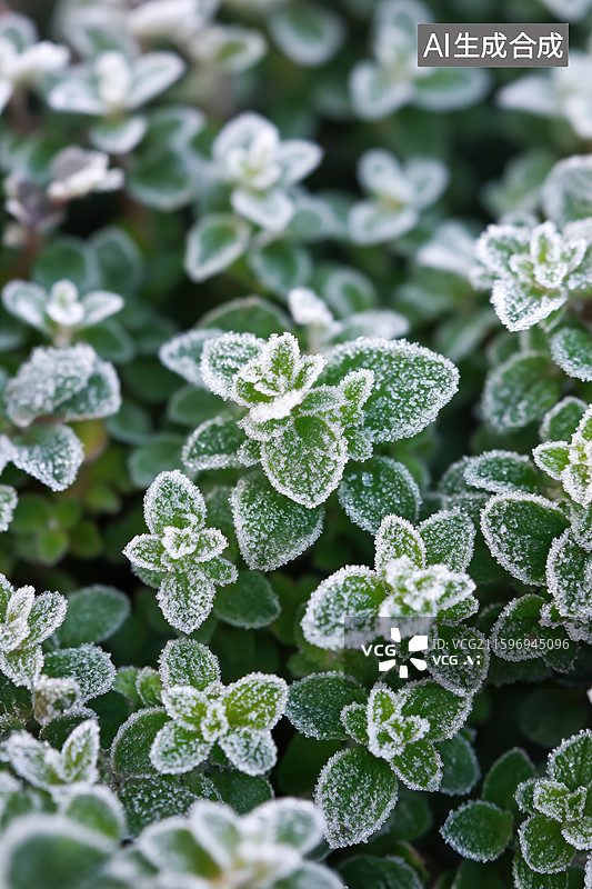 【AI数字艺术】霜覆绿叶植物特写图片素材